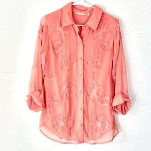 Coral beaded button up long sleeve top size small